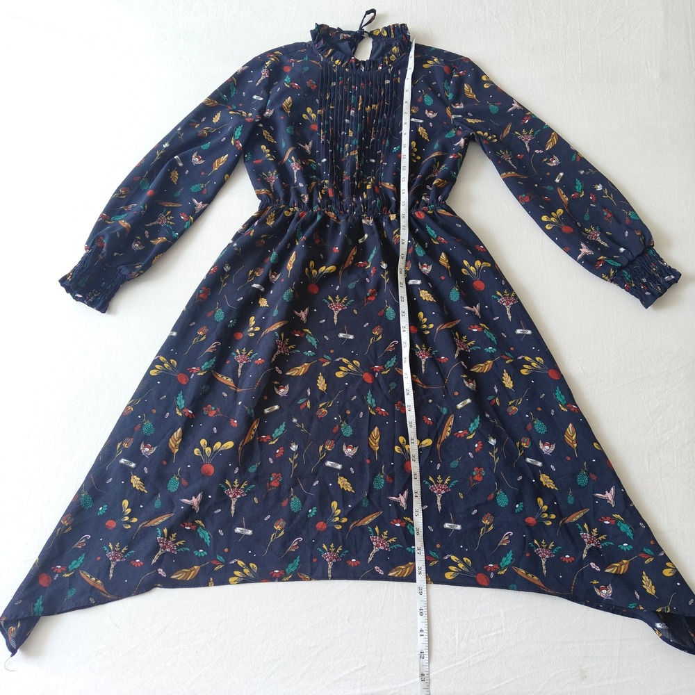 Navy Blue Floral Leaf Print Pleated Midi Fall Dress Handkerchief Hem XS Autumn